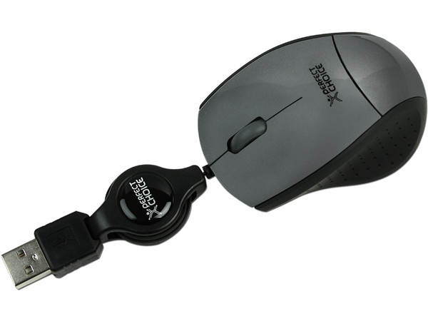 Mini Mouse Perfect Choice Óptico, Cable Retráctil USB. Color Gris