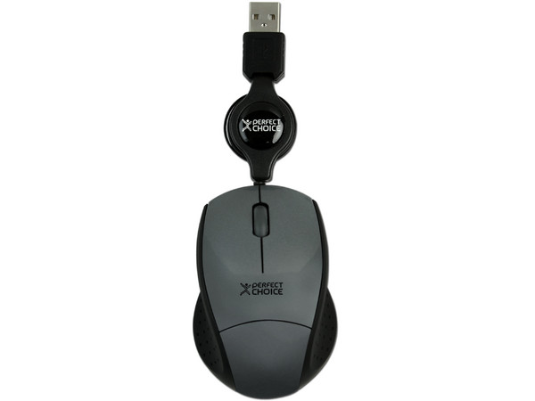 Mini Mouse Perfect Choice Óptico, Cable Retráctil USB. Color Gris
