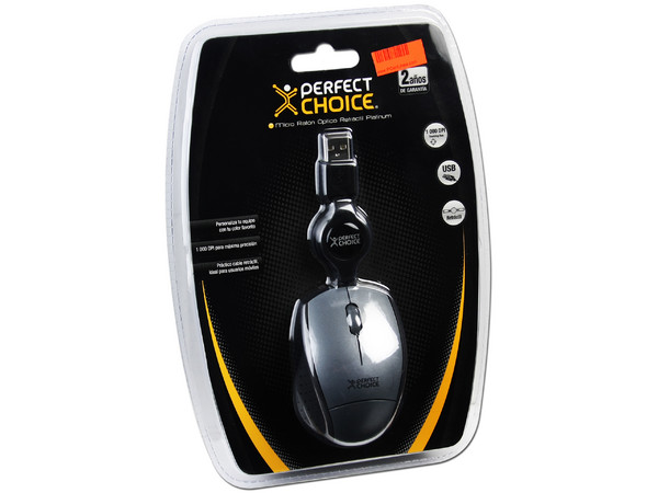 Mini Mouse Perfect Choice Óptico, Cable Retráctil USB. Color Gris