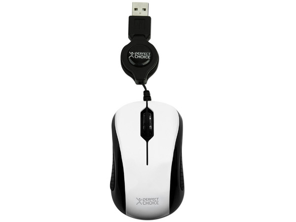 Mini Mouse Perfect Choice Óptico, Cable Retráctil USB. Color Blanco 