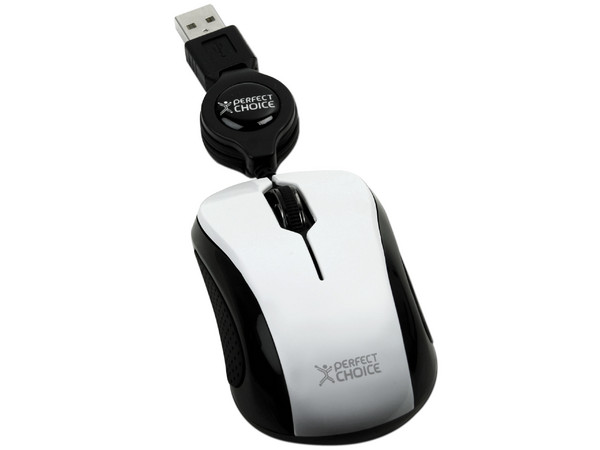 Mini Mouse Perfect Choice Óptico, Cable Retráctil USB. Color Blanco 
