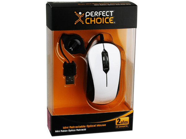 Mini Mouse Perfect Choice Óptico, Cable Retráctil USB. Color Blanco 