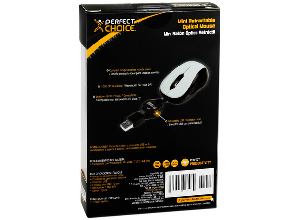 Mini Mouse Perfect Choice Óptico, Cable Retráctil USB. Color Blanco 