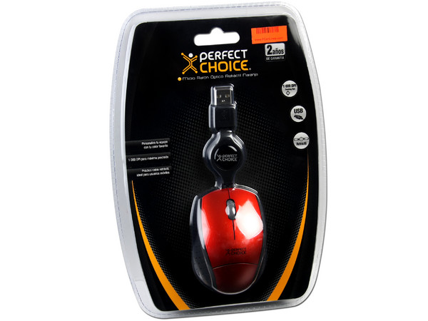 Mini Mouse Perfect Choice Óptico, Cable Retráctil USB. Color Naranja