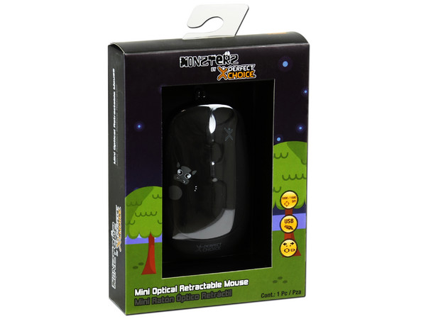 Mini Mouse Perfect Choice MONZTERZ Óptico, Cable Retráctil USB. Color Negro
