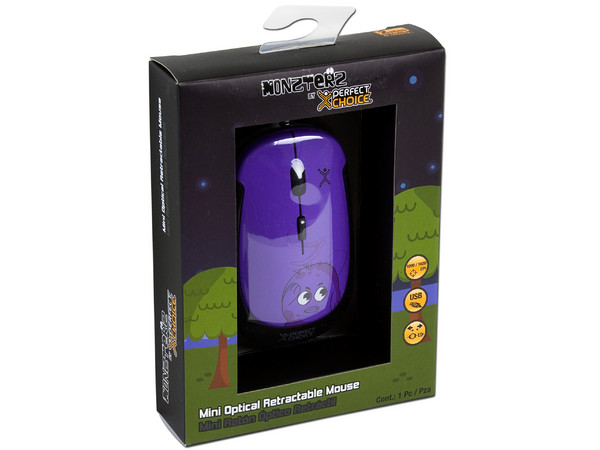 Mini Mouse Perfect Choice MONZTERZ Óptico, Cable Retráctil USB. Color Morado