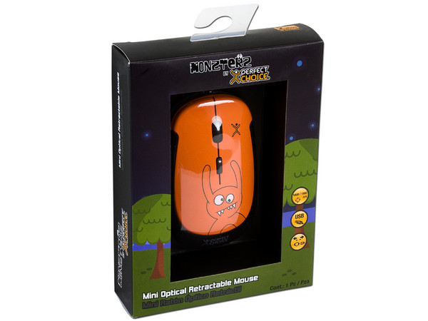 Mini Mouse Perfect Choice MONZTERZ Óptico, Cable Retráctil USB. Color Naranja