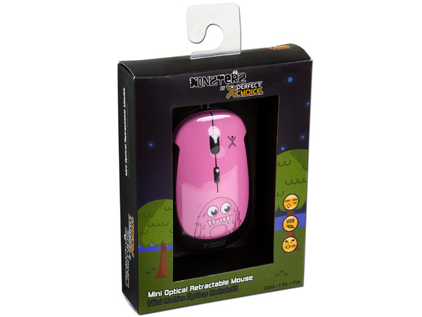 Mini Mouse Perfect Choice MONZTERZ Óptico, Cable Retráctil USB. Color Rosa