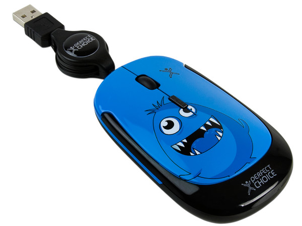 Mini Mouse Perfect Choice MONZTERZ Óptico, Cable Retráctil USB. Color Azul