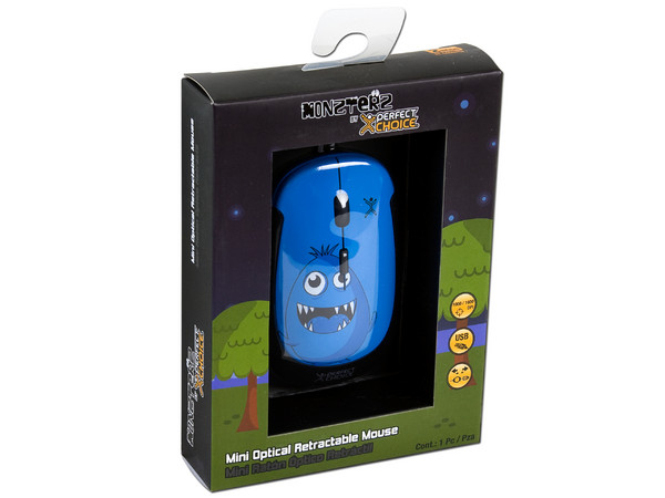 Mini Mouse Perfect Choice MONZTERZ Óptico, Cable Retráctil USB. Color Azul