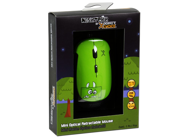 Mini Mouse Perfect Choice MONZTERZ Óptico, Cable Retráctil USB. Color Verde