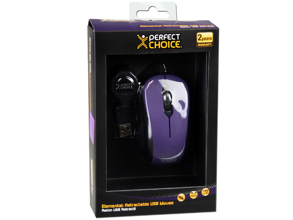 Mini Mouse Perfect Choice Elemental, Óptico, Cable Retráctil USB. Color Morado