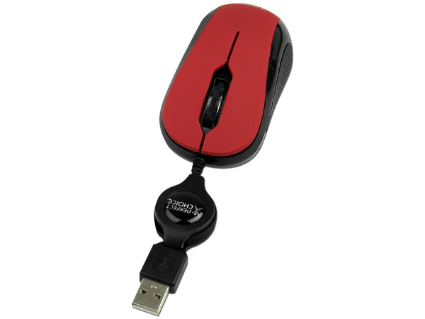 Mini Mouse Perfect Choice Elemental, Óptico, Cable Retráctil USB. Color Rojo
