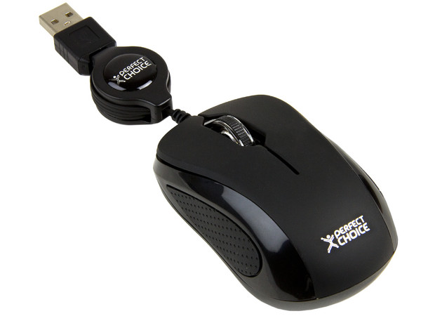 Mini Mouse Perfect Choice Elemental, Óptico, Cable Retráctil USB. Color Negro