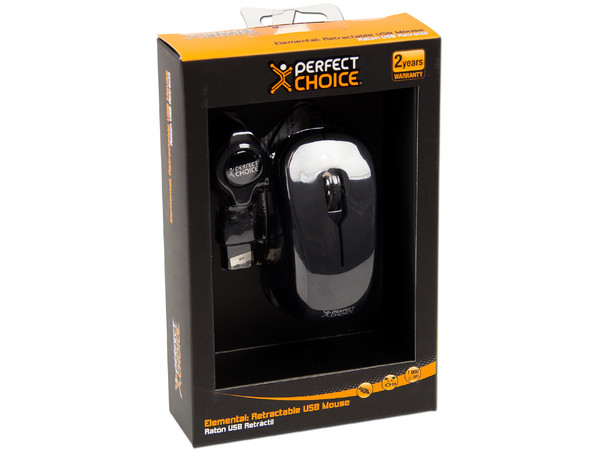 Mini Mouse Perfect Choice Elemental, Óptico, Cable Retráctil USB. Color Negro