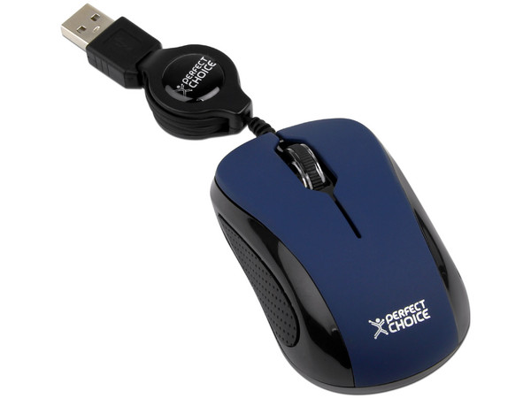 Mini Mouse Perfect Choice Elemental, Óptico, Cable Retráctil USB. Color Azul