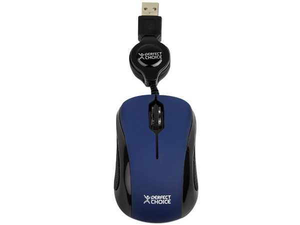 Mini Mouse Perfect Choice Elemental, Óptico, Cable Retráctil USB. Color Azul