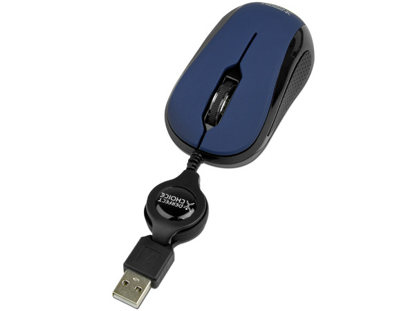 Mini Mouse Perfect Choice Elemental, Óptico, Cable Retráctil USB. Color Azul