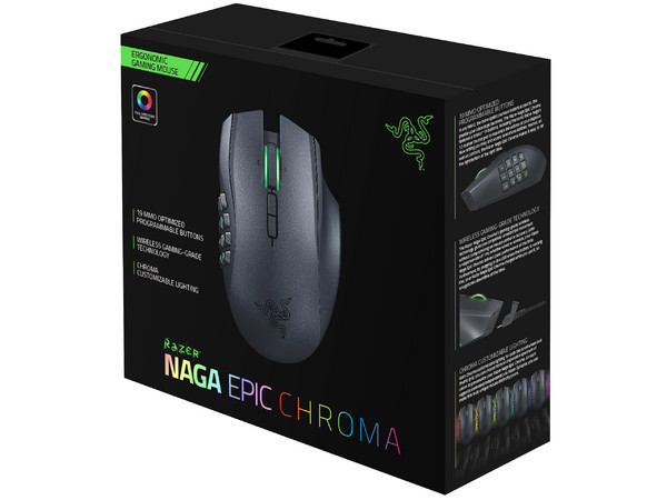 Mouse Razer Naga Epic Chroma, con 19 botones optimizados para MMO, Ilumina tu ratón con una paleta de 16.8 millones de colores.