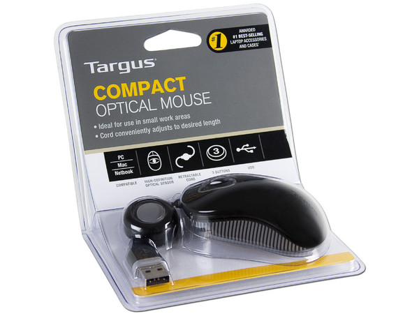 Mini Mouse Targus Compact Óptico, retráctil USB. Color Negro.
