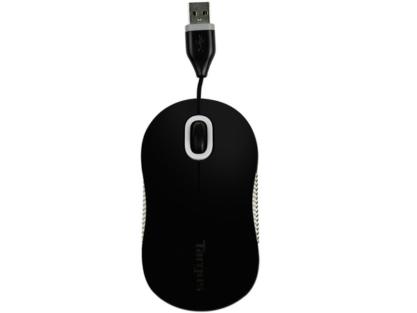 Mouse Targus Cord-Storing Óptico, retráctil USB. Color Negro