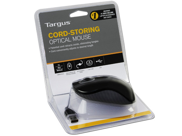 Mouse Targus Cord-Storing Óptico, retráctil USB. Color Negro
