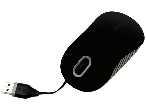 Mouse Targus Cord-Storing Óptico, retráctil USB. Color Negro