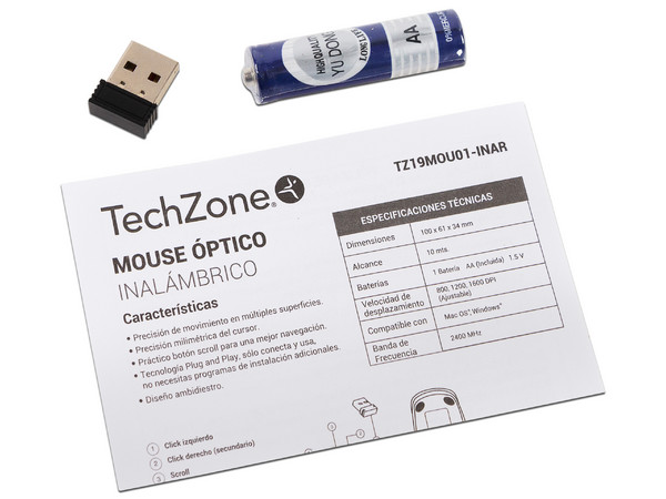 Mouse óptico inalámbrico TechZone TZ19MOU01-INA, receptor USB, Color Negro.