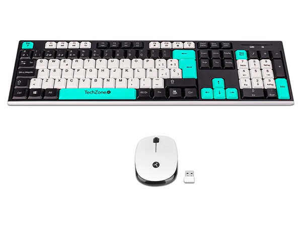 Kit Teclado Y Mouse Techzone Gradient Conexión Inalámbrica Con 105 Teclas Y Mouse Con 3 Botones DPI 1000 Color Negro Con Azul Menta Y Blanco.