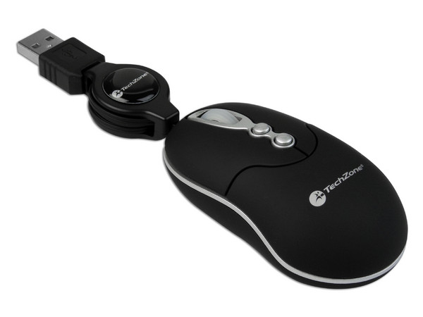 Mini Mouse TechZone Óptico, Cable Retráctil USB. Color Negro