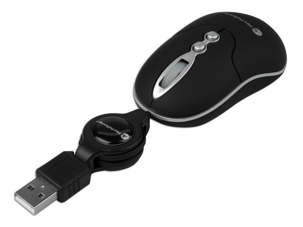 Mini Mouse TechZone Óptico, Cable Retráctil USB. Color Negro