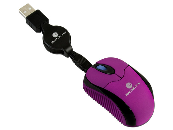 Mini Mouse TechZone Óptico, retráctil USB. Color Lila