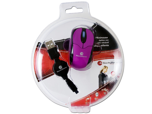 Mini Mouse TechZone Óptico, retráctil USB. Color Lila