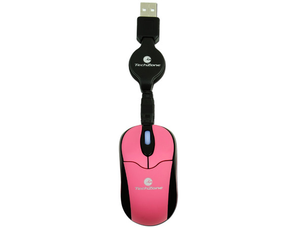 Mini Mouse TechZone Óptico, retráctil USB. Color Rosa