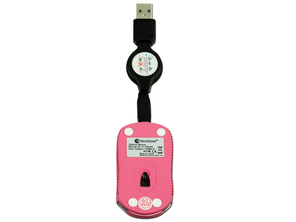 Mini Mouse TechZone Óptico, retráctil USB. Color Rosa