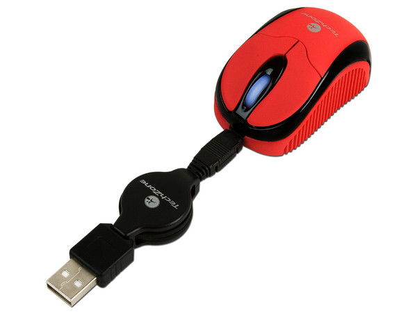 Mini Mouse TechZone Óptico, retráctil USB. Color Rojo