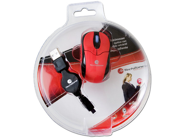 Mini Mouse TechZone Óptico, retráctil USB. Color Rojo
