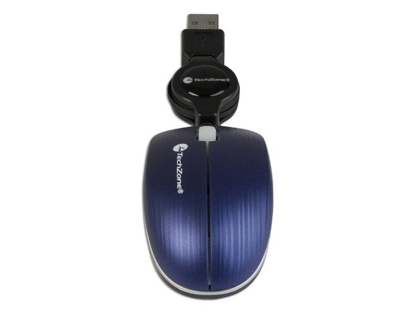 Mini Mouse TechZone Óptico, Cable Retráctil USB. Color Azul