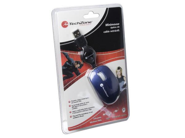 Mini Mouse TechZone Óptico, Cable Retráctil USB. Color Azul
