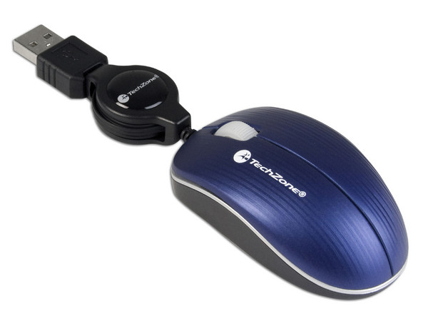 Mini Mouse TechZone Óptico, Cable Retráctil USB. Color Azul