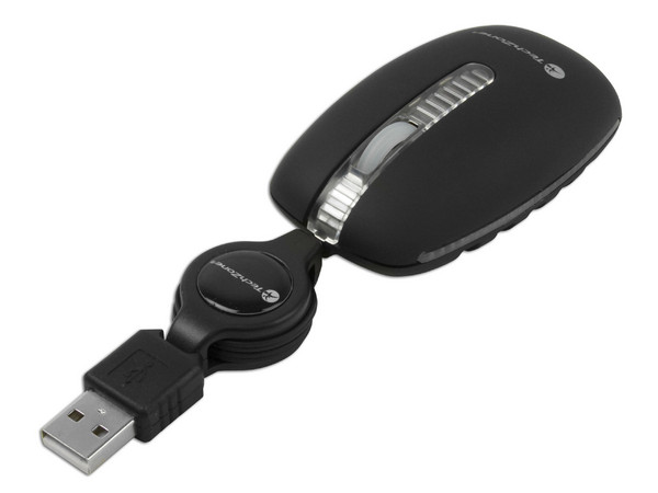 Mini Mouse TechZone Óptico, Cable Retráctil USB. Color Negro