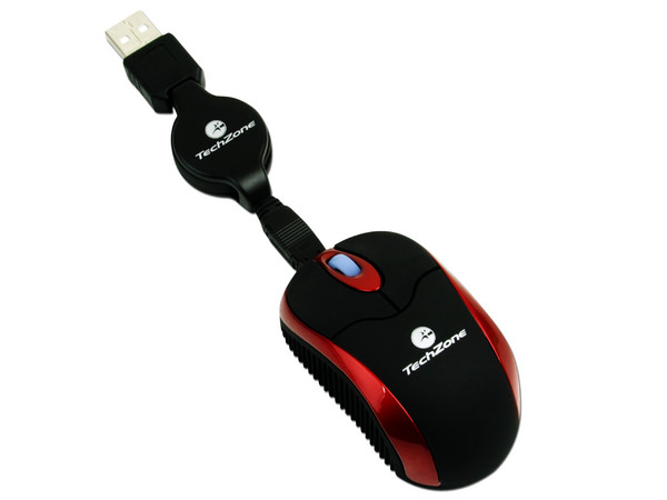 Mini Mouse TechZone Óptico, Cable Retráctil USB independiente. Color Negro/ Rojo