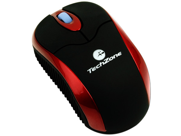 Mini Mouse TechZone Óptico, Cable Retráctil USB independiente. Color Negro/ Rojo