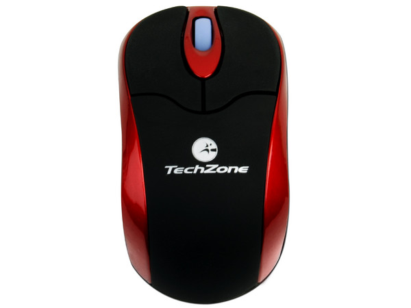 Mini Mouse TechZone Óptico, Cable Retráctil USB independiente. Color Negro/ Rojo