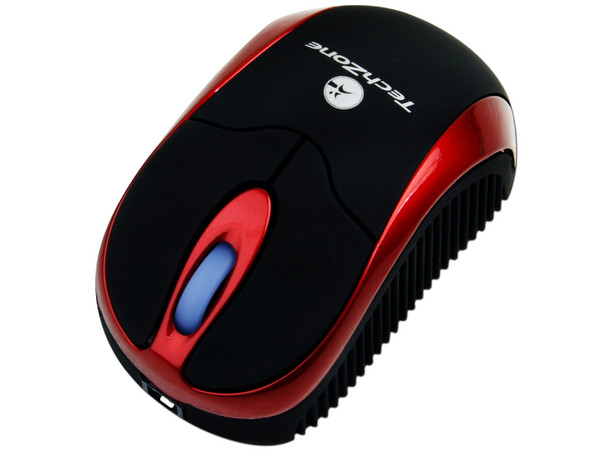 Mini Mouse TechZone Óptico, Cable Retráctil USB independiente. Color Negro/ Rojo