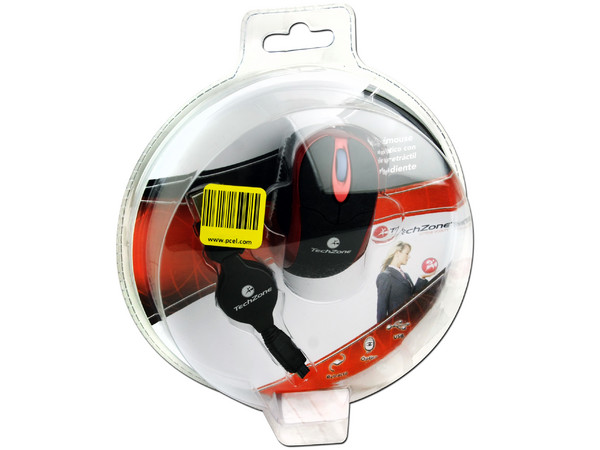 Mini Mouse TechZone Óptico, Cable Retráctil USB independiente. Color Negro/ Rojo