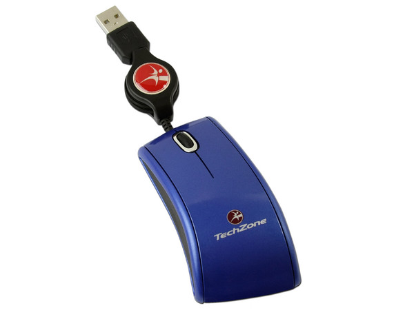 Mini Mouse TechZone Óptico, Cable Retráctil USB. Color Azul