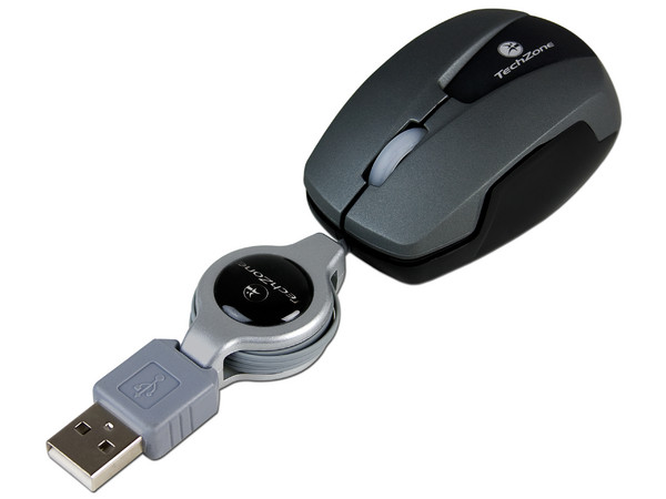 Mini Mouse TechZone Óptico, retráctil USB. Color Gris