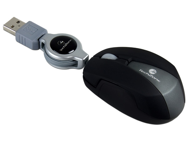 Mini Mouse TechZone Óptico, retráctil USB. Color Negro