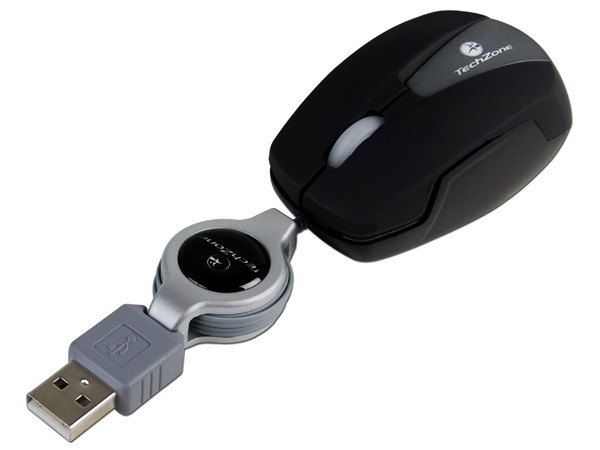 Mini Mouse TechZone Óptico, retráctil USB. Color Negro